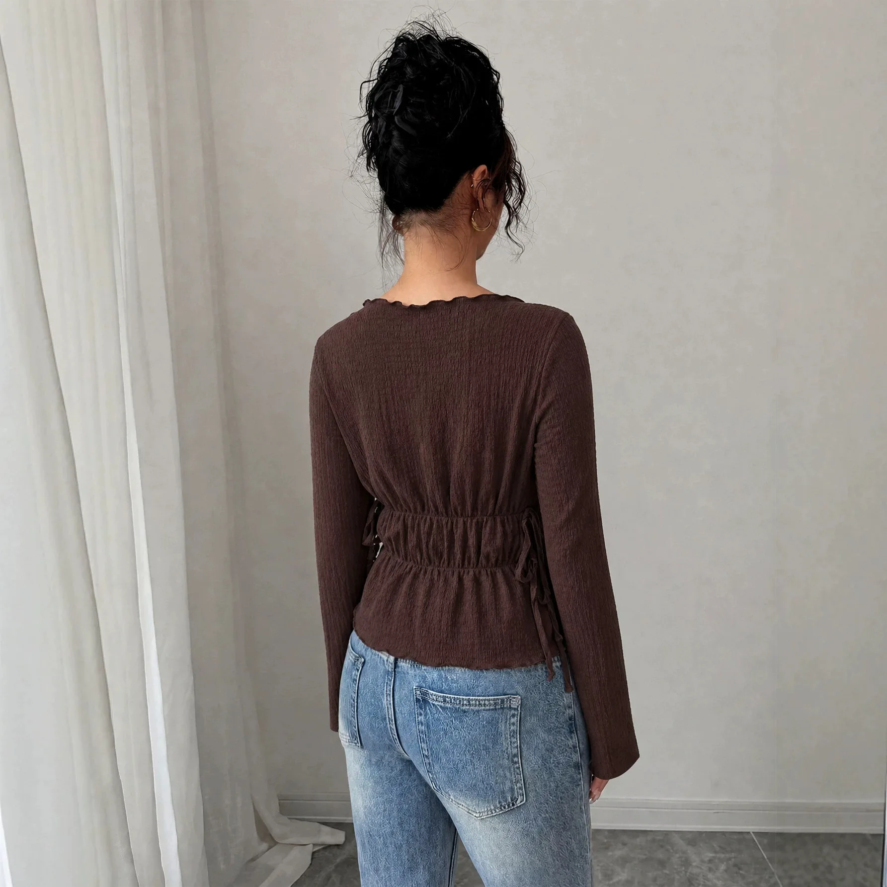 Women Fall Winter New Elegant Texture Off Shoulder Top Waist Slim Ruffle Hem Long Sleeve T Shirt
