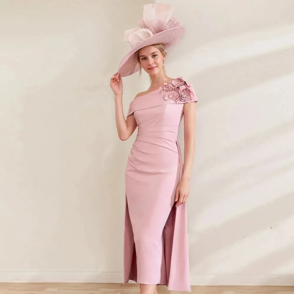 

Elegant Pink Mother Of The Bride Dress 2026 Off-the-shoulder 3D Flowers Satin Sheath Knee Length Satin Party Dresses Guest Gown