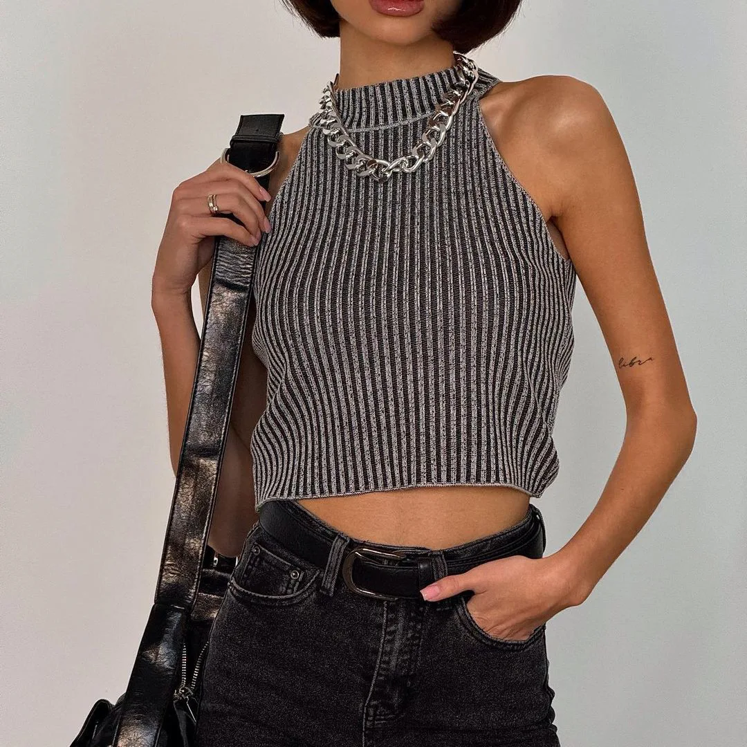 

Summer Basics Casual Sexy Ribbed Knit Corset Crop Tops Street Slim Fit Sleeveless Camis Fashion Temperament Design Vest