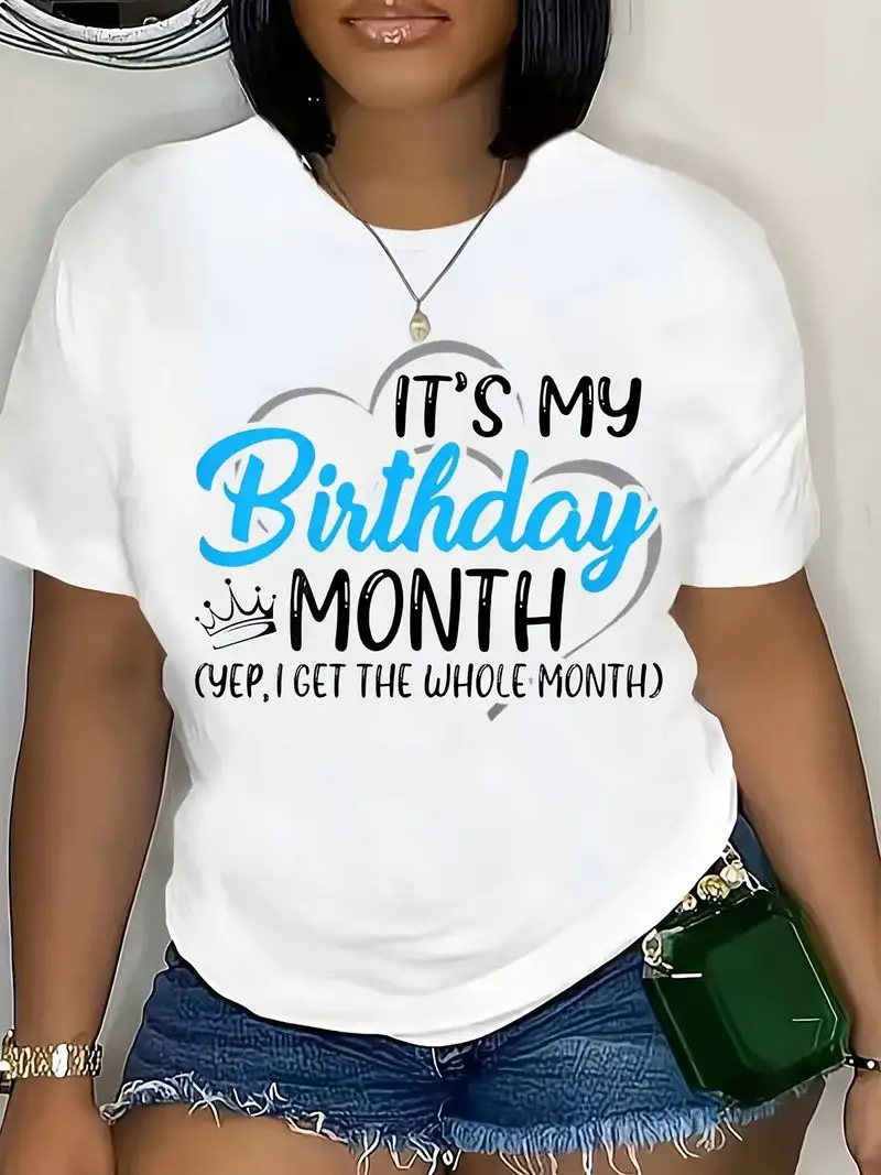 Plus Size Women's Birthday Month T-Shirt This Is My Birthday Slogan Crown Balloon Print Stretch Crew Neck Short Sleeve Top White