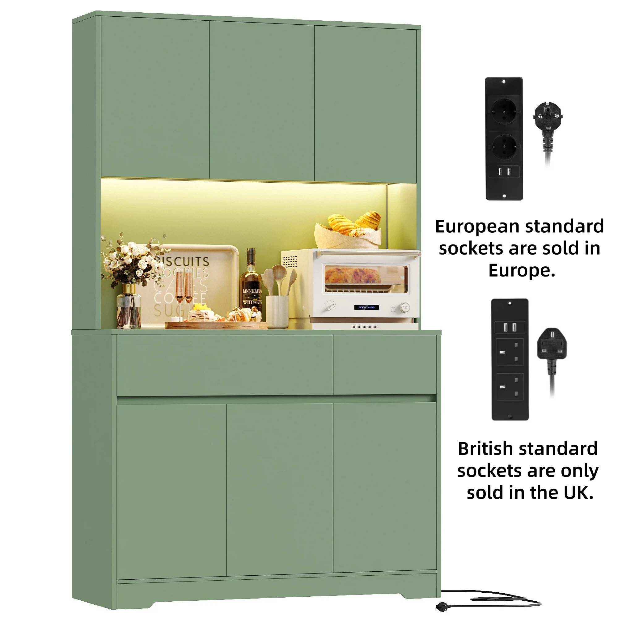 Getone hoge kast keuken 180 cm kast dressoir met LED, stopcontact, dressoir opbergkast met 6 deuren en 2 lades verstelbare planken 180x100x38,5 cm