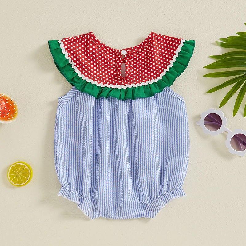 Baby Girl and Boy Overalls Watermelon Print Sleeveless Jumpsuit with Pockets Toddler Striped Romper for Summer