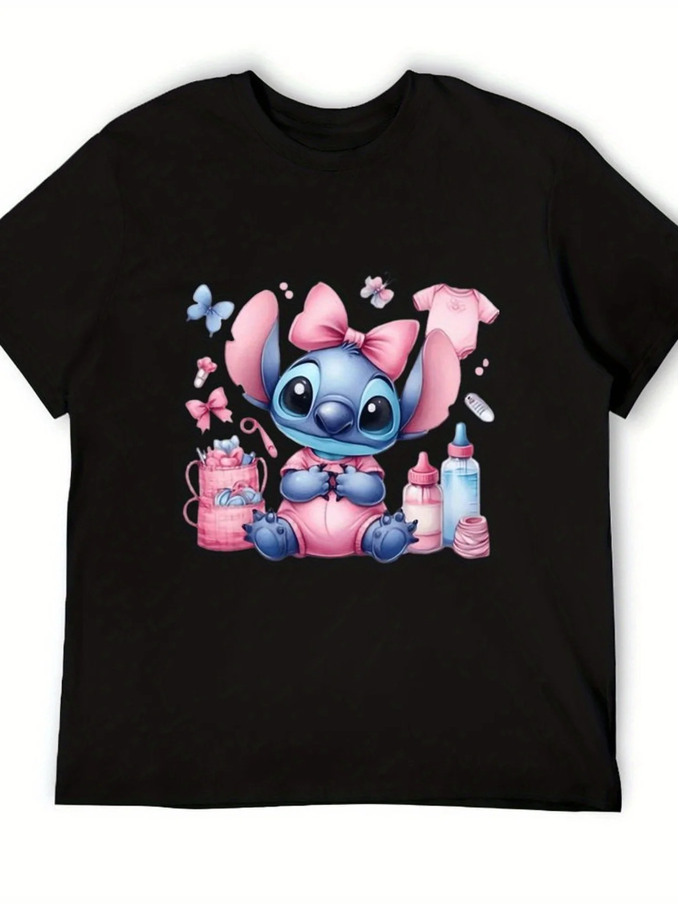 

2025 Disney Pattern Printed Women's Casual Comfortable Unique Smiling Face Black Round Neck Short Sleeve T-shirt