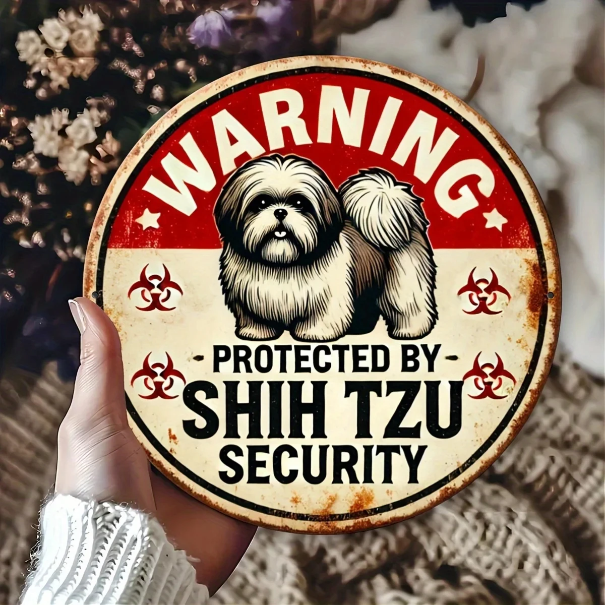 1 Piece of Vintage Schnauzer Dog Safety Warning Sign - Round Metal Sign with a Striking Red Safety System Warning and Schnauzer Breed Design