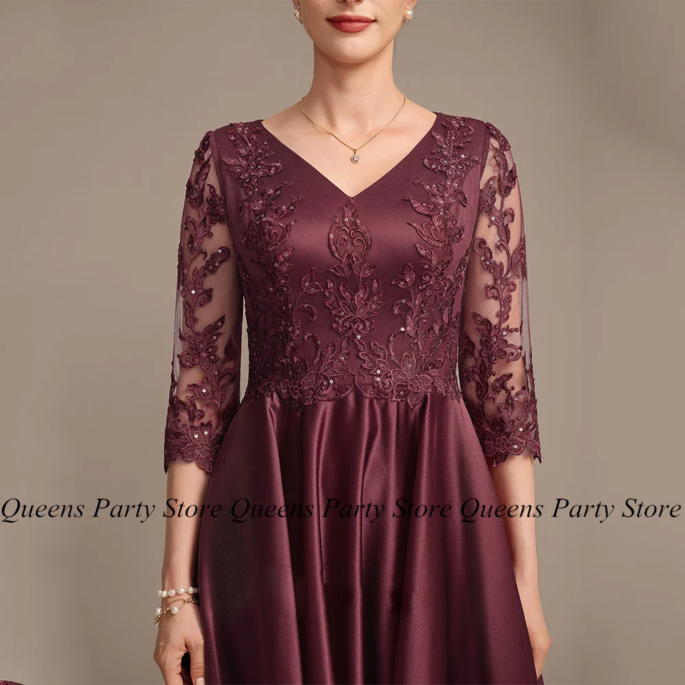 Hi-lo-Robe de soirée en satin pour la mère de la mariée, à la mode, col en V, 3/4 fibre pailletée, poche appliquée, ligne A, robe d'invité de mariage