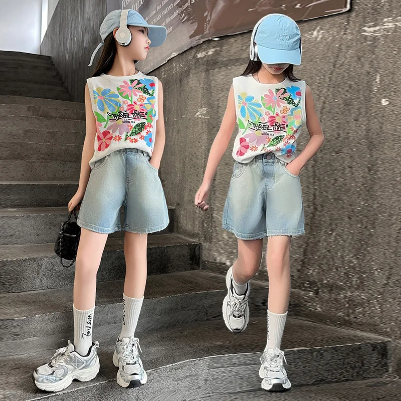 

Junior girls denim shorts set Cotton floral sleeveless tops t-shirt+embroidery jeans 2pcs teenager kids suit children outfits 12