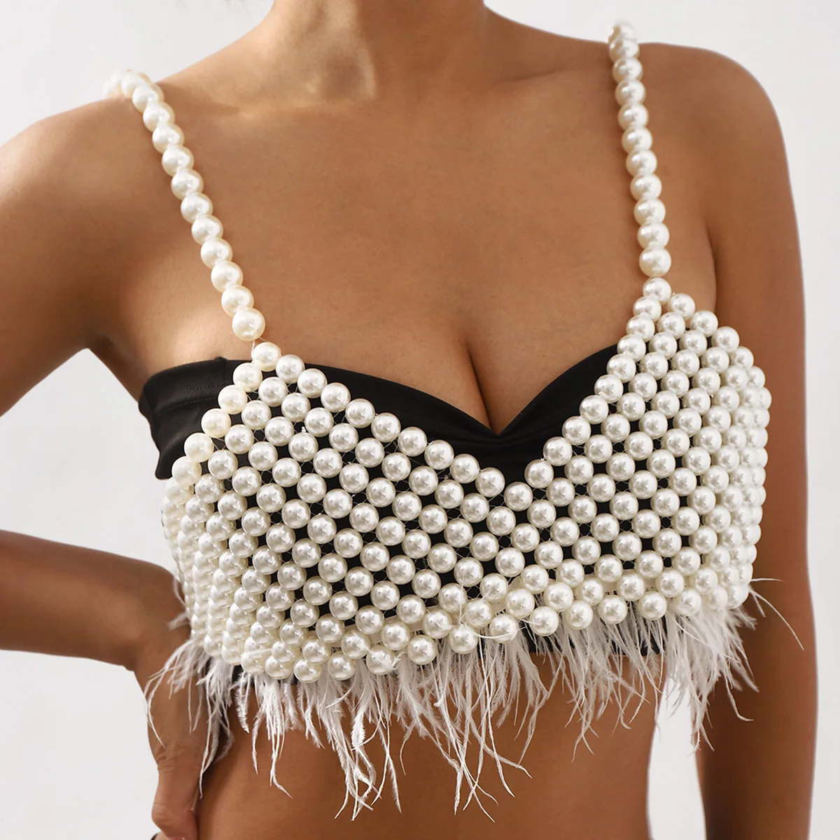 Body Jewelry Women Sexy​ Fashion Bra Chain Handmade Beaded Bikini Pearl Feather Chest Chain Strap Vest Party Catwalk