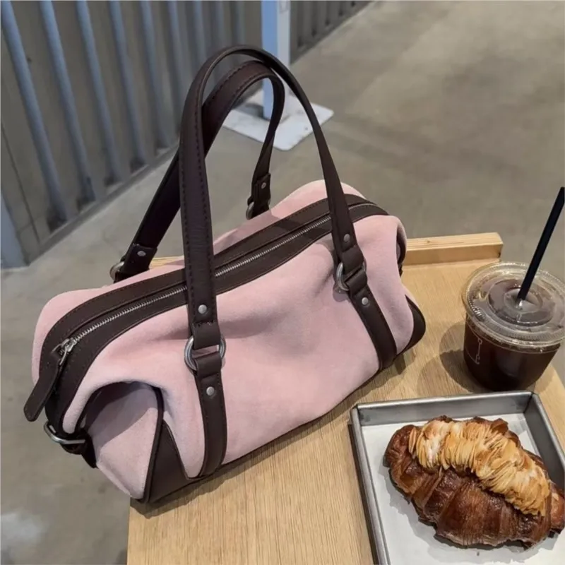 Vintage Pink Boston Bag Women Suede Large Capacity Gentle Shoulder Bag Ladies Fashion Color Block Casual Style Handbag Chic 2026