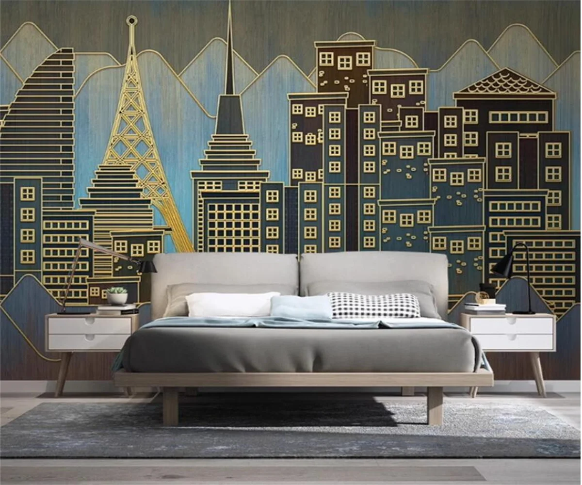 Modern simple golden lines city relief building wallpaper TV background wall paper living room decoration 3d wallpaper
