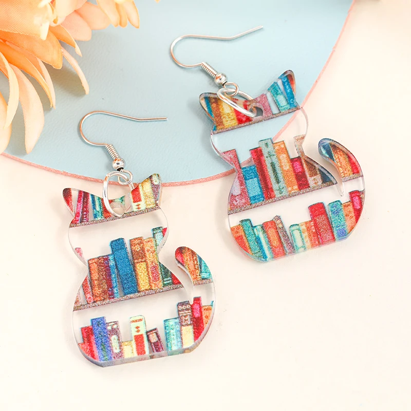 New Acrylic Colorful Library Bookshelf Print Drop Earrings Fashion Book Lovers Cat Pendant Earring for Women Girls Jewelry Gifts