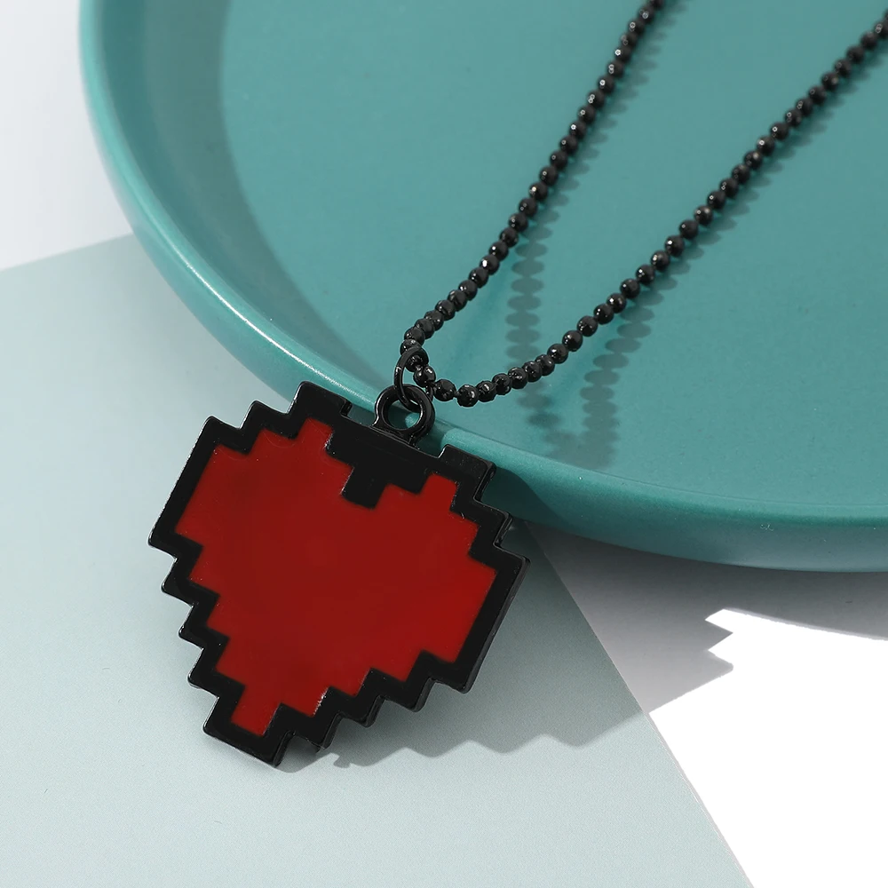 Pixel Heart Couple Necklace Hollow Heart Shape Chain Pendant Necklace for Women Men Couple Love Necklace Jewelry