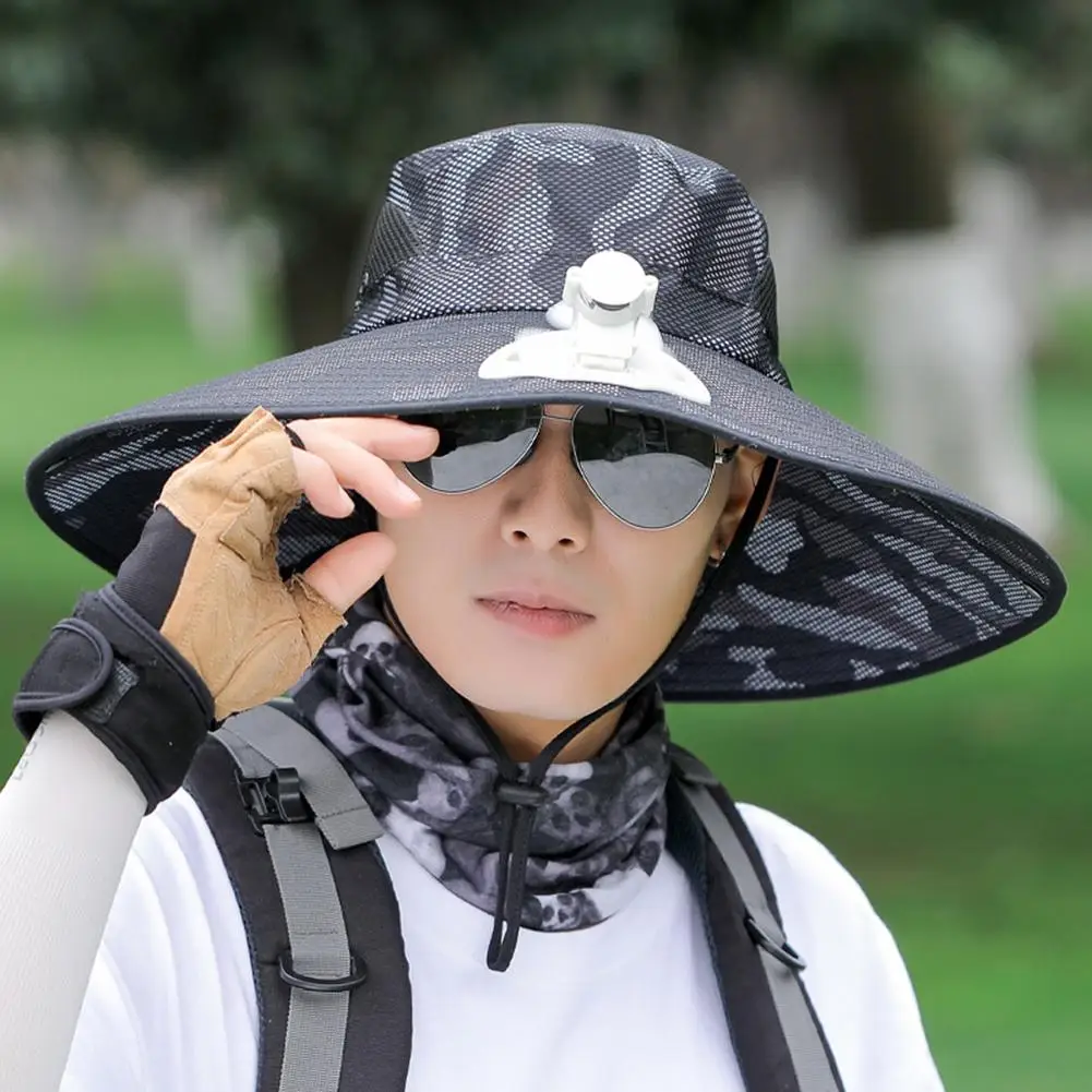 Men Camouflage Sun Hat With Wide Brim Breathable Adjustable Sunscreen UV Protective Bucket Cap With Fan fishing Camping cap tool