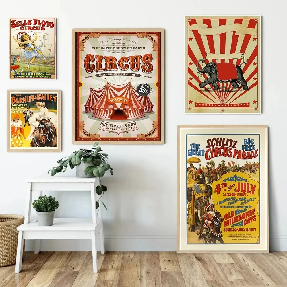 Vintage Circus Poster Clown Magician Animals Canvas Painting  Amusement Artwork Prints for Bar Club Cafe Home Decor  Unique Wall