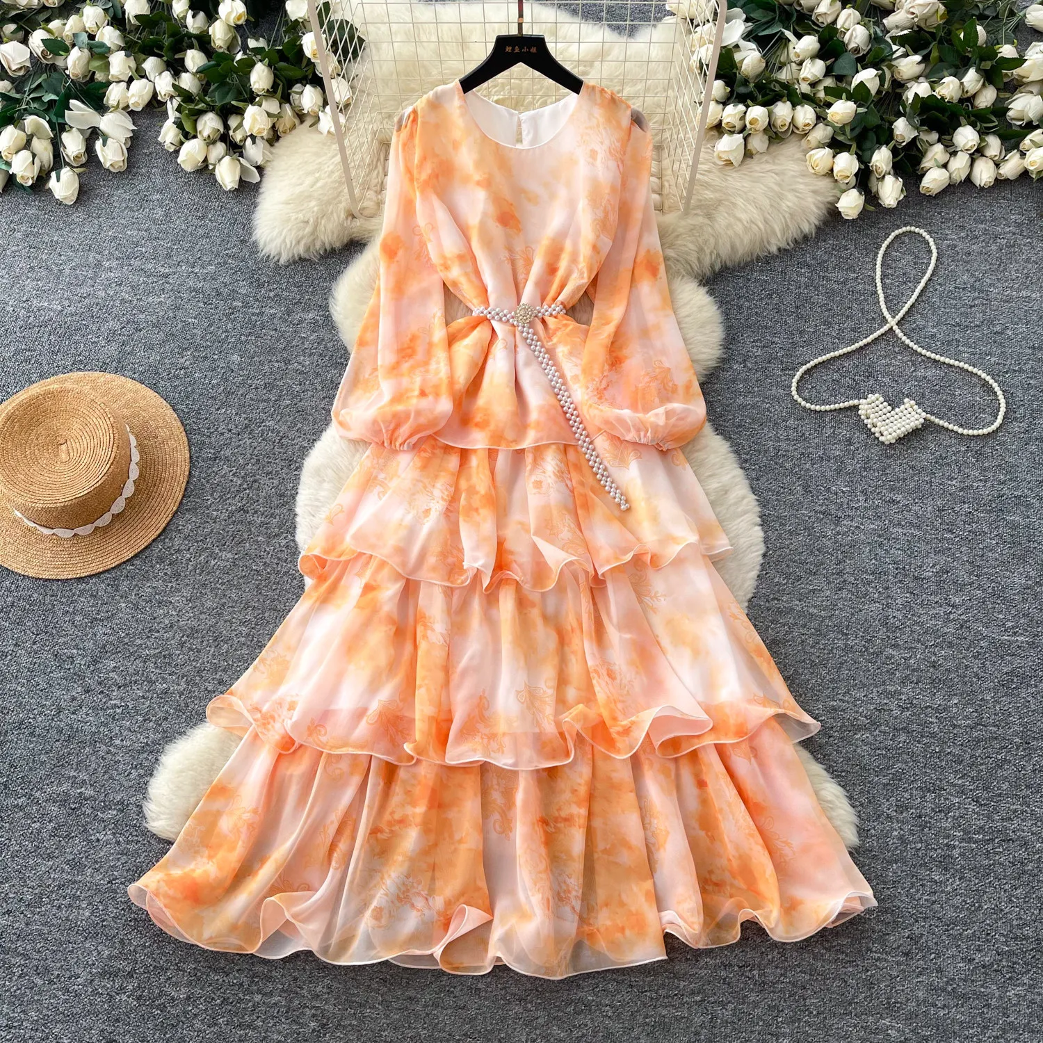 Vestido largo para mujer, estilo Y2K, corte A, cuello redondo, manga farol, estampado elegante, para fiesta, noche o trabajo 2026