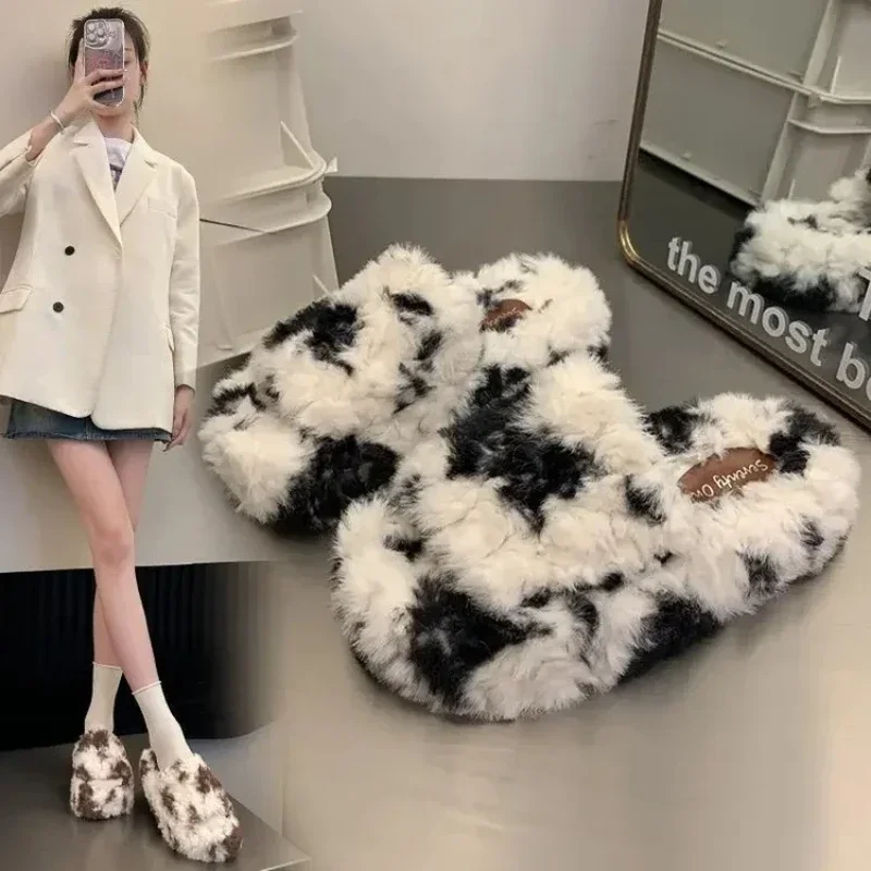 Women Thick Platform Warm Fluffy Slippers Female Autumn Comfortable Non Slip Home Warm Shoes Woman Thick Soled Plush Flip-flops