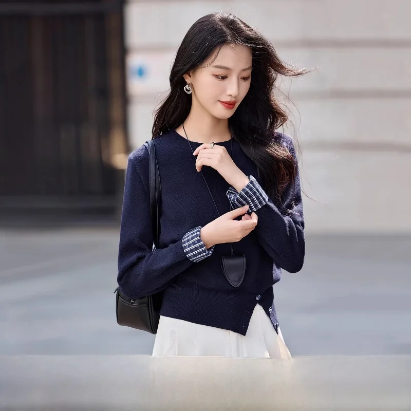 

Miu Sle Women's Sweater round Ne Color Blo Elastic Warm Single Piece Top Commute Faion Autumn Season Long Sve Slim...