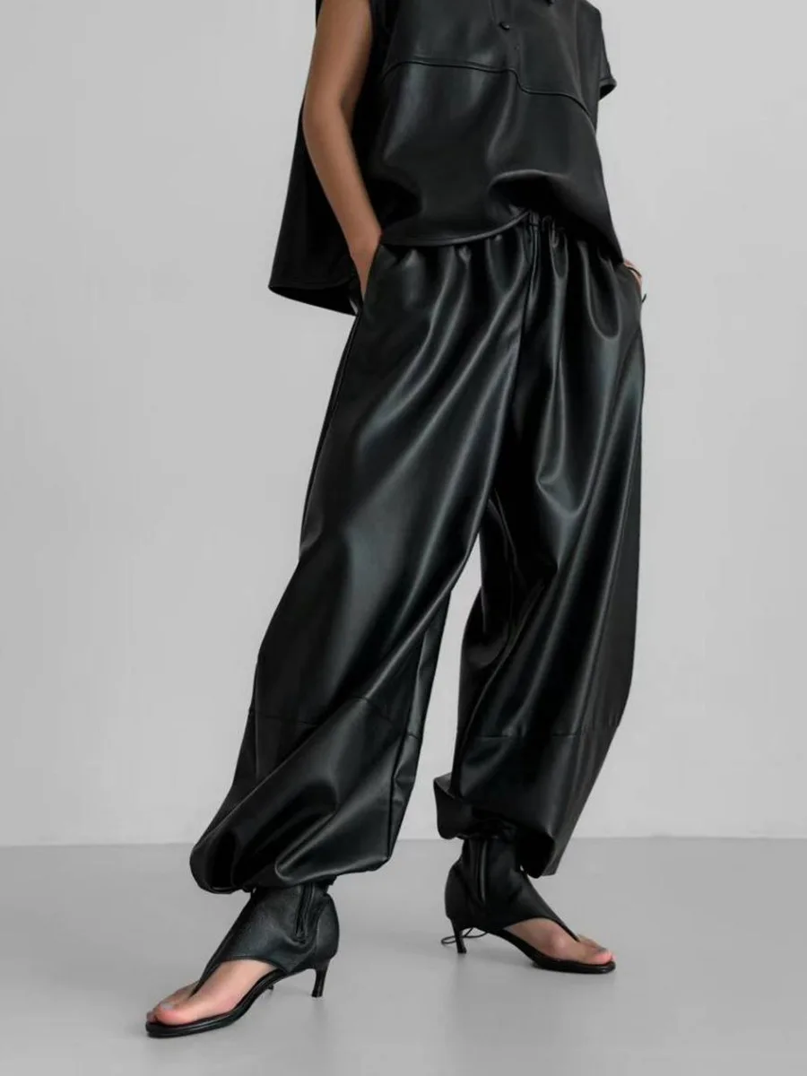 PU Leather Elastic Waistband Lantern Pants Women Autumn Fashion Loose Shiny Trousers Trend Music Festival Spice Girls Clothes