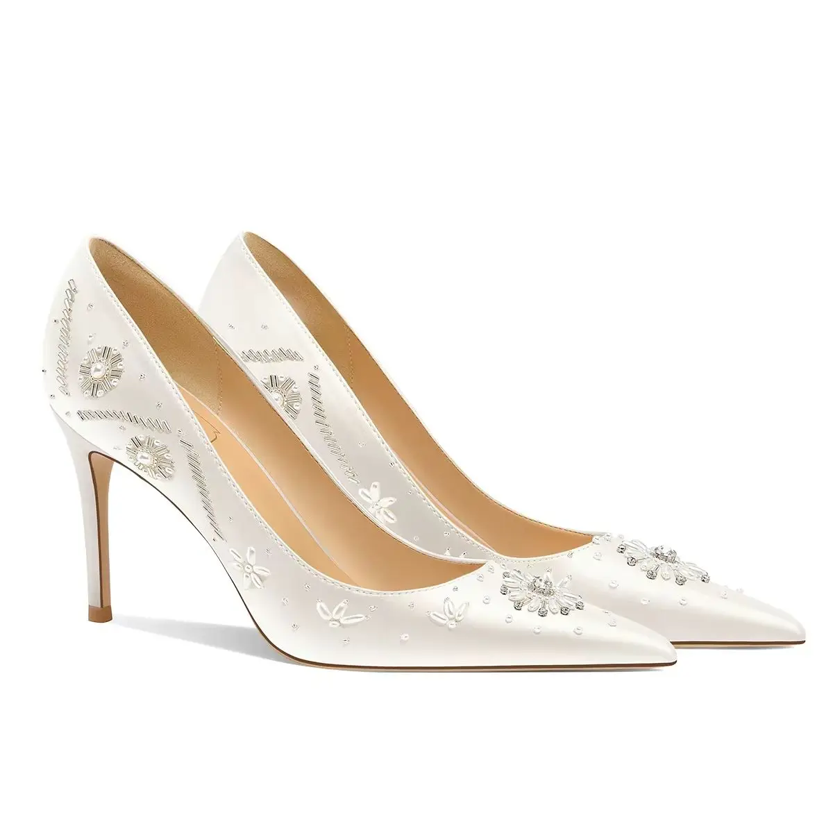 Spring New Pointed White Pearl Water Diamond Satin Beaded Wedding Shoes Banquet Large Size Small Size High Heels Women's Shoes