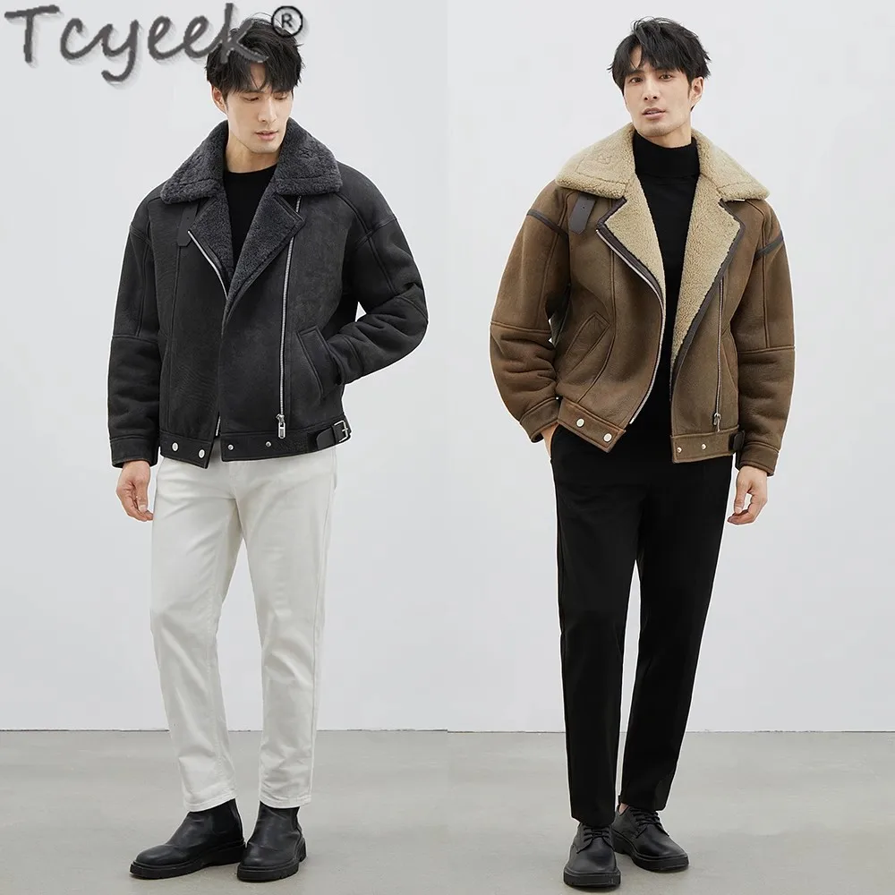 Tcyeek Natural Sheepskin Coat for Man Clothes Wool Real Fur Coats Genuine Leather Jacket Men Winter Clothes Motocycle Jackets