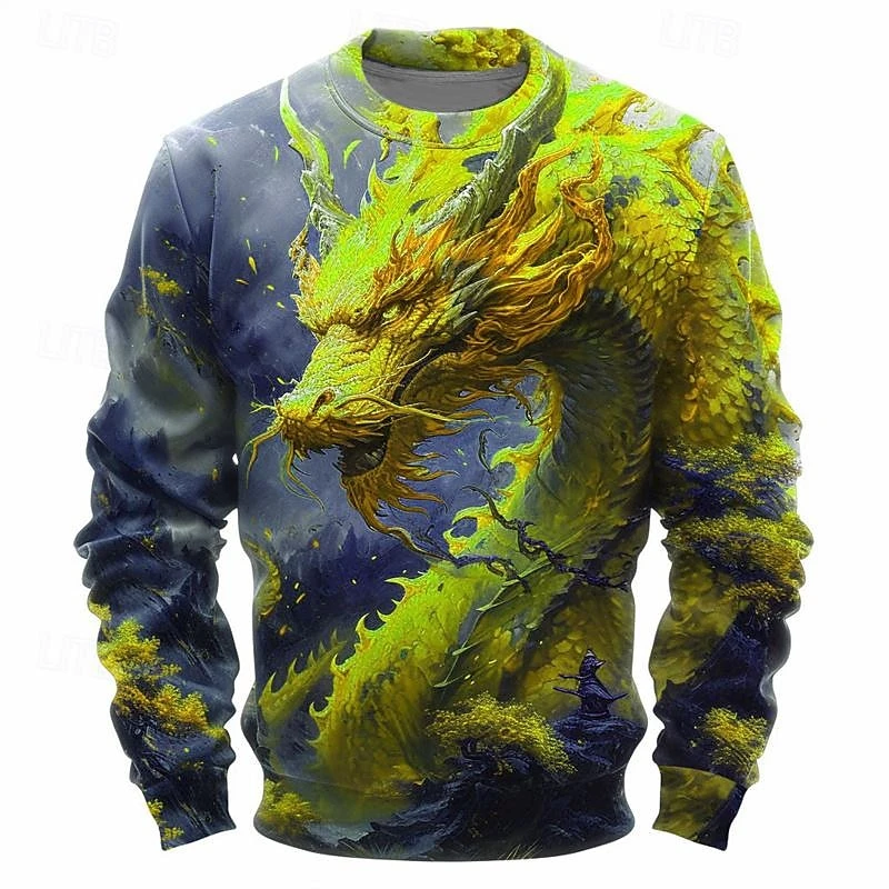 Herfst Nieuw In Sweatshirts 3d Chinese Loong Print Hoodies Voor Mannen Modetrend Harajuku Oversized O-hals Trui Grappige Kleding