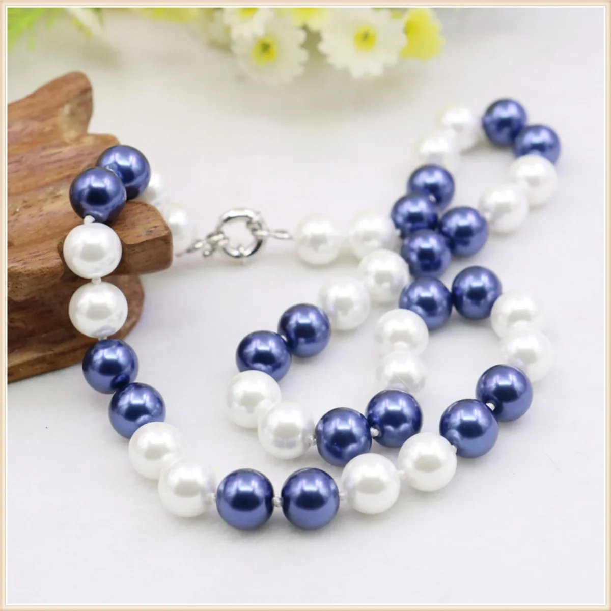 10mm Round Whte Blue Multicolor Shell Pearl Necklace Fashion Jewelry Making Design Mothers Gifts DIY Knotted Between Every Beads