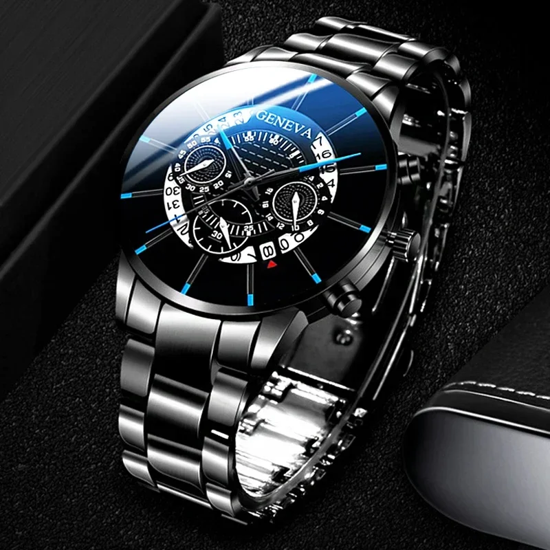

Luxury Hollow Out Men's Fashion Business Calendar Watches Blue Stainless Steel Mesh Belt Analog Quartz Watch Relogio Masculino