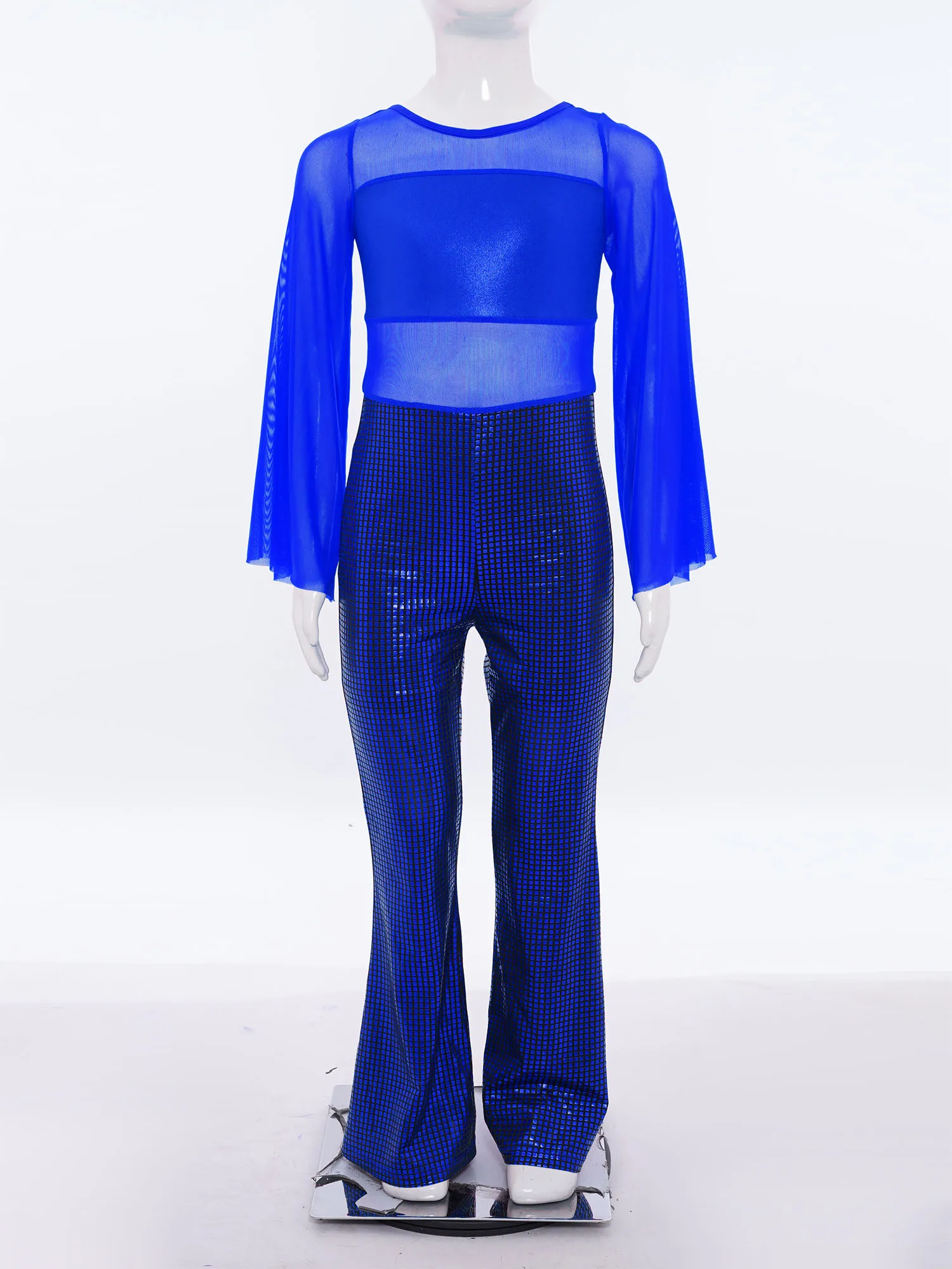 الفتيات قاعة رقص الجاز التانغو أداء زي الاطفال ديسكو الحديثة Dancewear طويلة الأكمام بقماش شفاف المرقعة بذلة لامعة #2