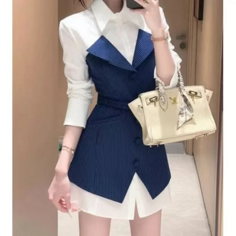 جديد مكان العمل فستان جميل المرأة الخريف بولو كم طويل سليم ألف خط فساتين صغيرة تصميم مخطط وهمية قطعتين فستان قميص #4