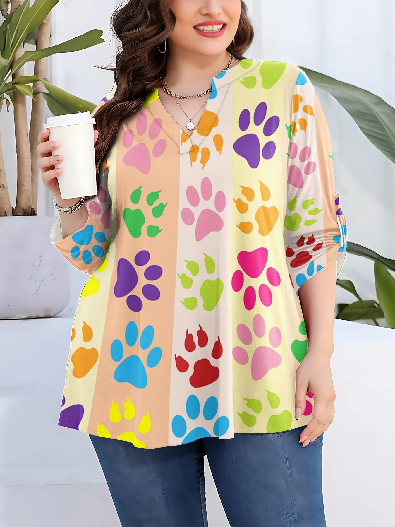 

Animal Paws Women Shirts Colorful Striped 3D Printed Tops V-neck Long Sleeve T-shirts Over Size Famale Casual Clothing