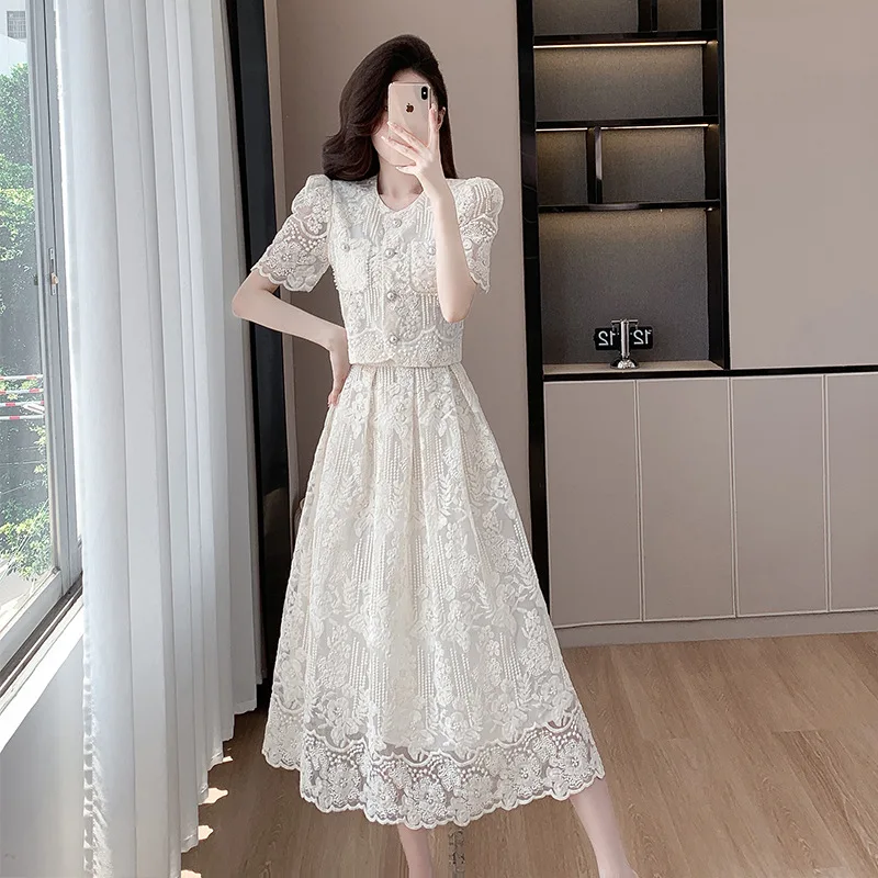 Summer Women's Lace Matching Set French Fashion Elegant Beading Puff Sleeve Blouse A-line Skirt Female Commute Two-Piece Sets