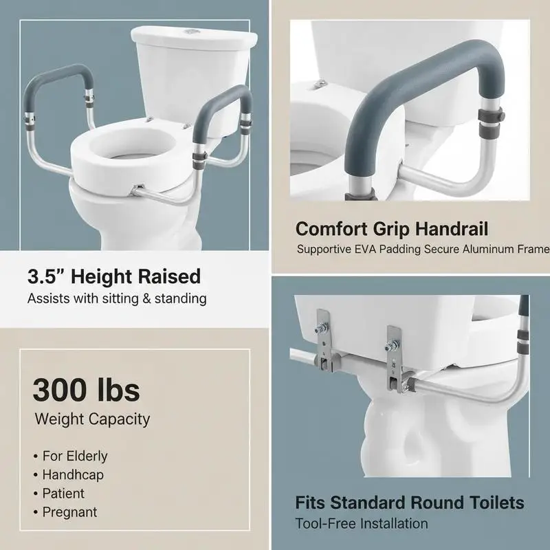 

Elevated Commode Chair 3.5 Inch Height For Seniors Disabled Postoperative Patients, 300 lbs Load Capacity Standard Round Bowl Metal Handrail EVA Padded Armrest Medical Grade White Accessory