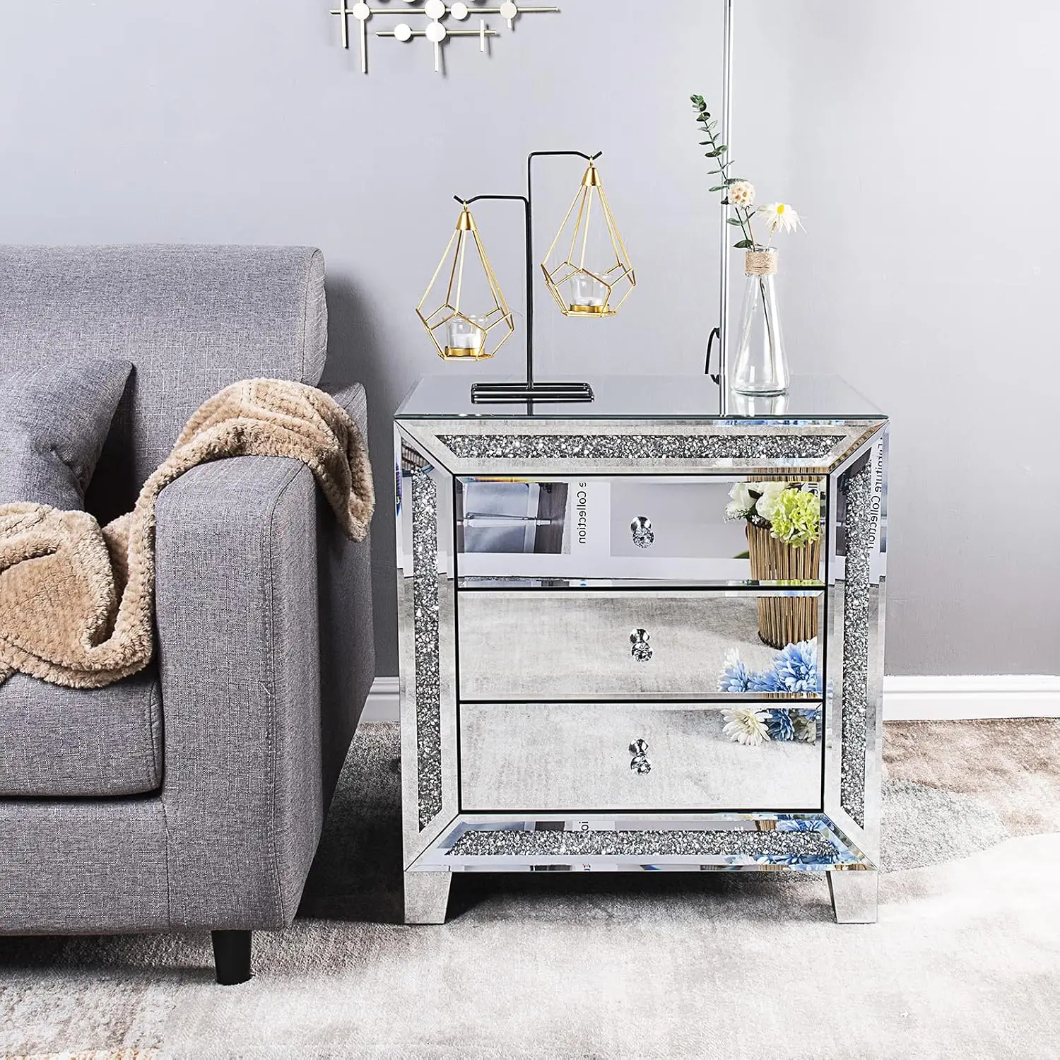 Mirrored Nightstand Set of 2, Bedside Table with 3 Drawers, Glass Side Table for Bedroom, 23