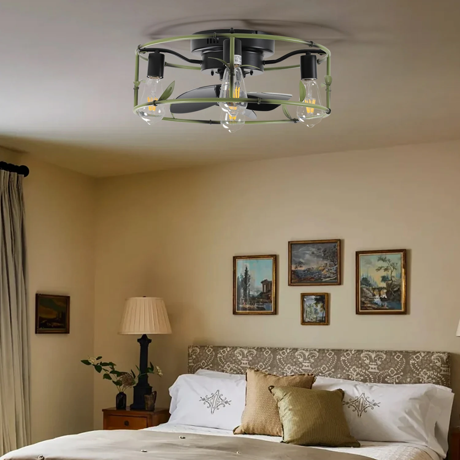 

Flush Mount Ceiling Fans with Lights and Remote Control green Caged Low Profile Ceiling Fan Modern Metal Ceiling fanfor Farmhous