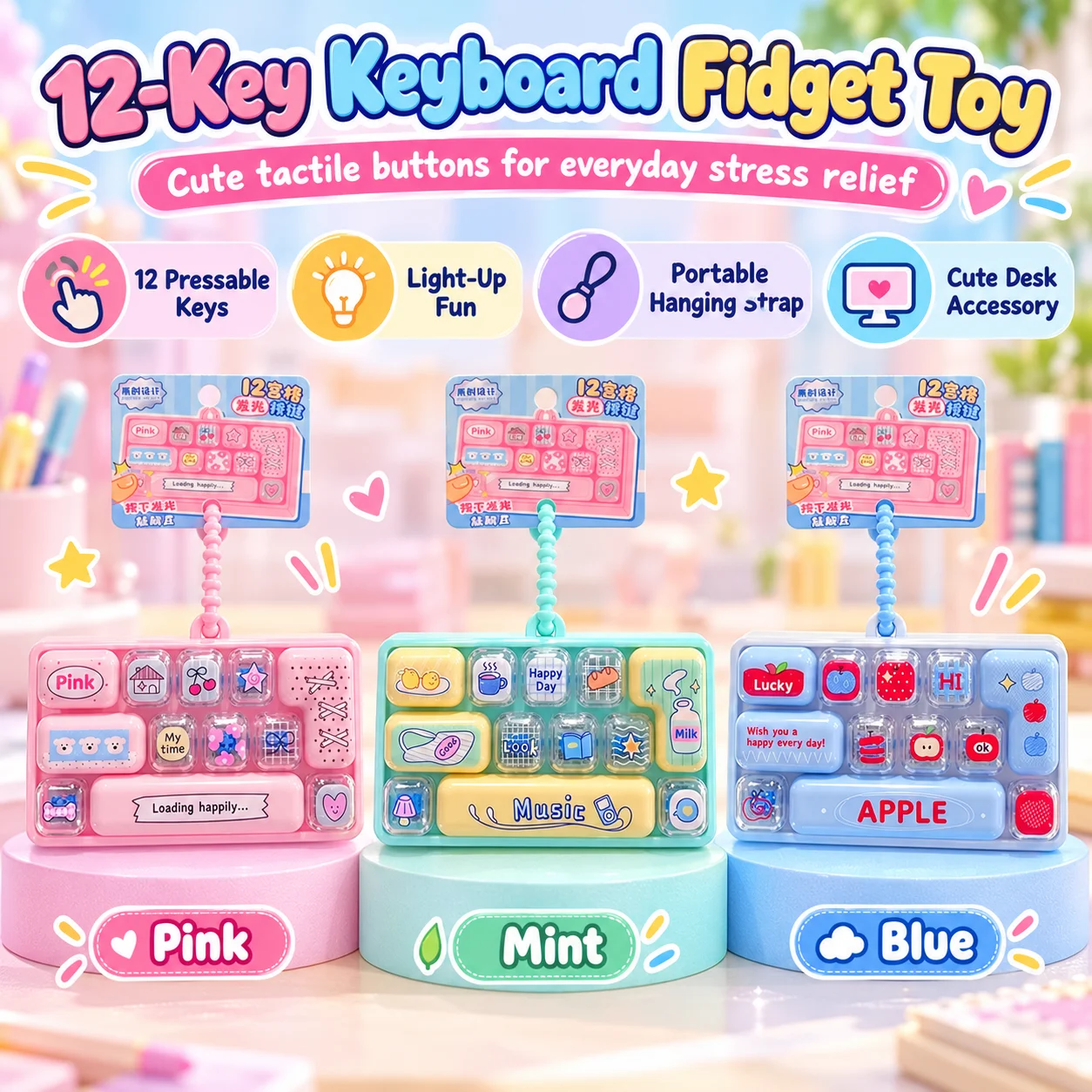 12-Key Keyboard Fidget Keychain Cartoon Clicker Sound Mechanical Keys Stress Relief Backpack Charm Pendant Novelty Gift Set