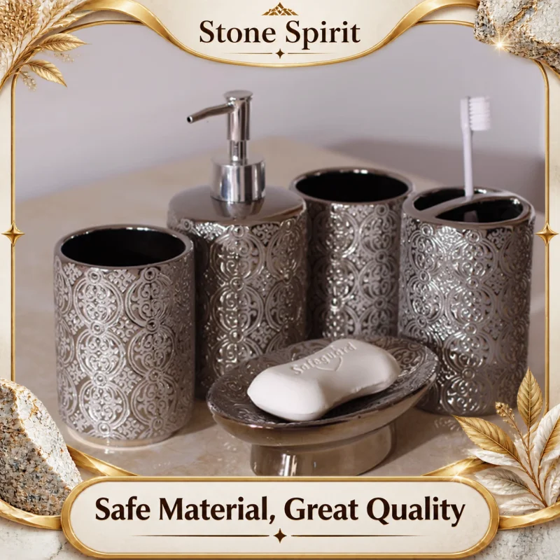 Bathroom Electroplating Silver Plated Embossed Ceramic Toothbrush Holder Soap Dispenser Shampoo Bottle Bathroom Supplies