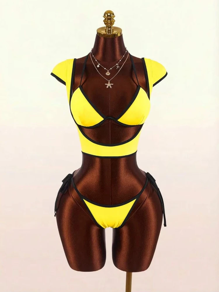 Y2K Yellow Black Trim 3Pcs Swimsuit Halter Bikini Short Sleeve Crop Cover Up Tie‑Side Bottom Summer Beach Party Women Swim Suit