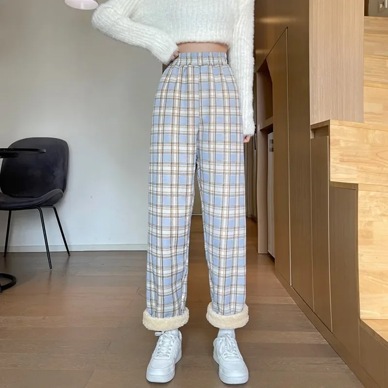 Shearling Lined Plaid Pants Women Winter High Waist Flared Trousers Straight Leg Warm Fleece Thermal Bottoms for Women Casual - Image 3