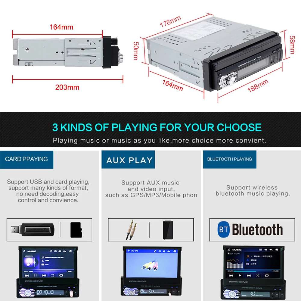 Podofo 1DIN 7-Zoll Autoradio mit ausfahrbarem Touchscreen, Bluetooth, Multimedia-Player, FM, USB, AUX, Audio – Detail 8