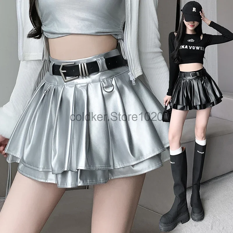 

New Women Summer Fashion Shiny Pleated Skirt Black Silver High Waist Y2k Sexy Mini Skirts Hot Girls Preppy Style Streetwear