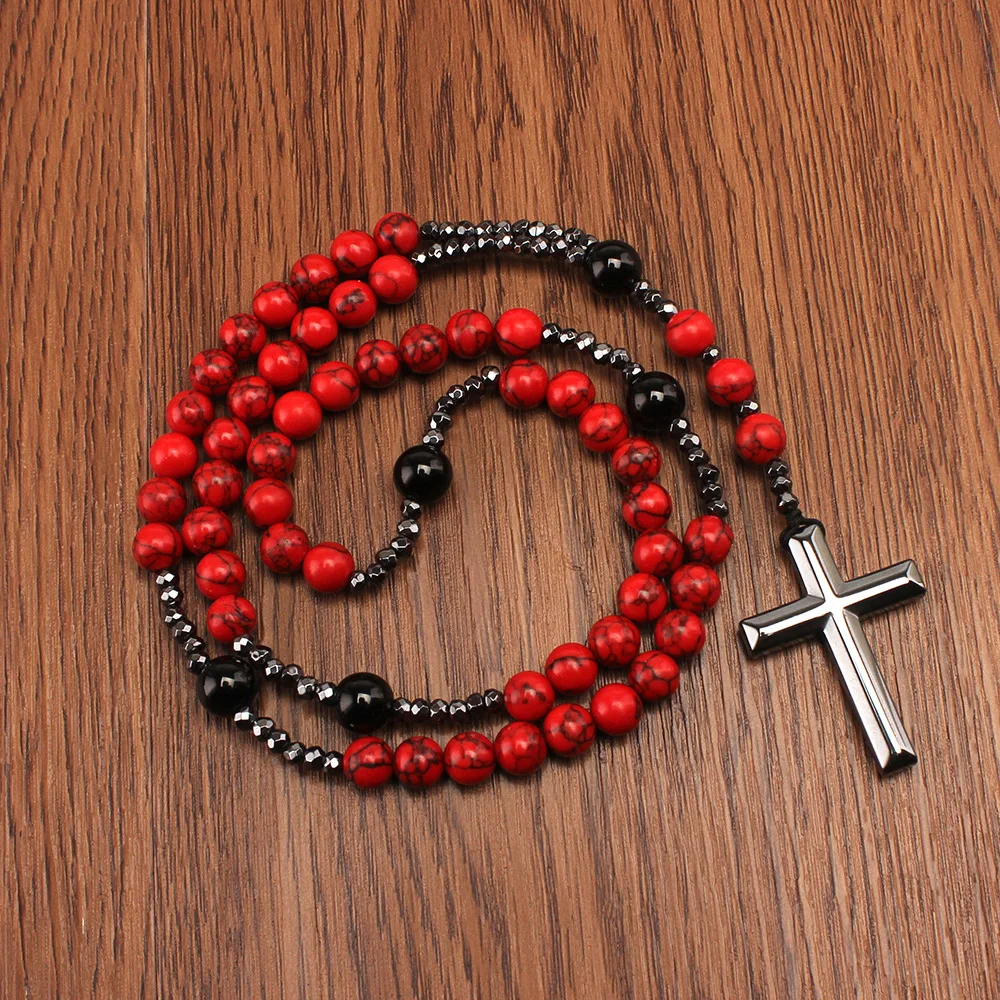

Natural Stone Red Agate Cross Bead Necklace Men's Long Jewelry Polished Exotic Retro Art Design