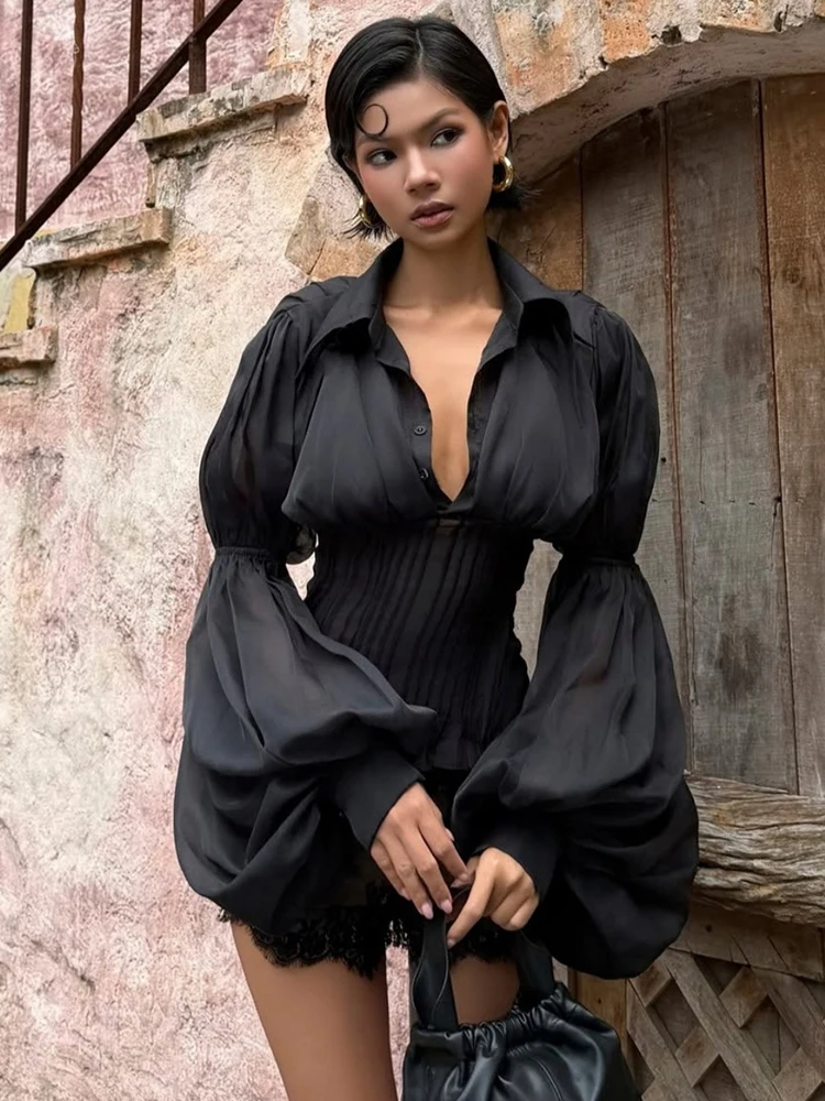 Women's Puff Long Sleeve Blouse, Lapel Collar Sheer Shirt Ruched Waist Deep V Button Down Slim Top Y2K Vintage Elegant Outfit