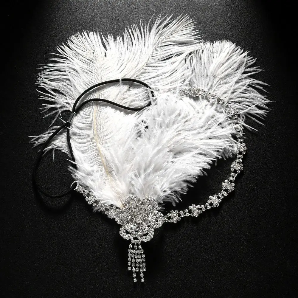 

Retro Vintage Feather Headband Crystal Zircon Cosplay Dress Headwear Elegant Tassel Masquerade Hair Band Stage Performance