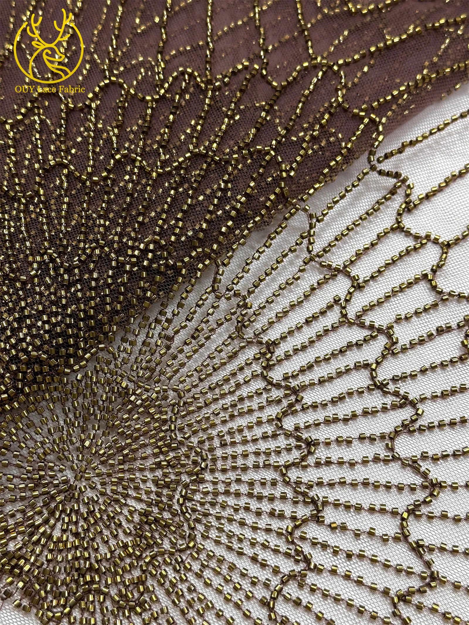 Luxuriöser afrikanischer, stark perlenbesetzter Spitzenstoff, goldene nigerianische Perlen-Spitze, französischer Tüll-Spitzenstoff für Brautkleider und Hochzeitskleider zum Nähen – Detail 32