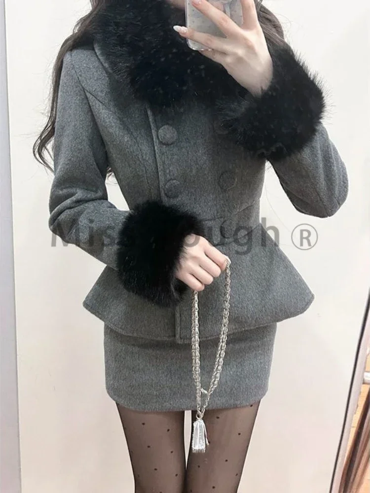 French Winter Fashion Elegant Slim 2-piece Set Women High Street Design Solid Long Sleeve Coat + High Waist Skirt Suit 2025 New