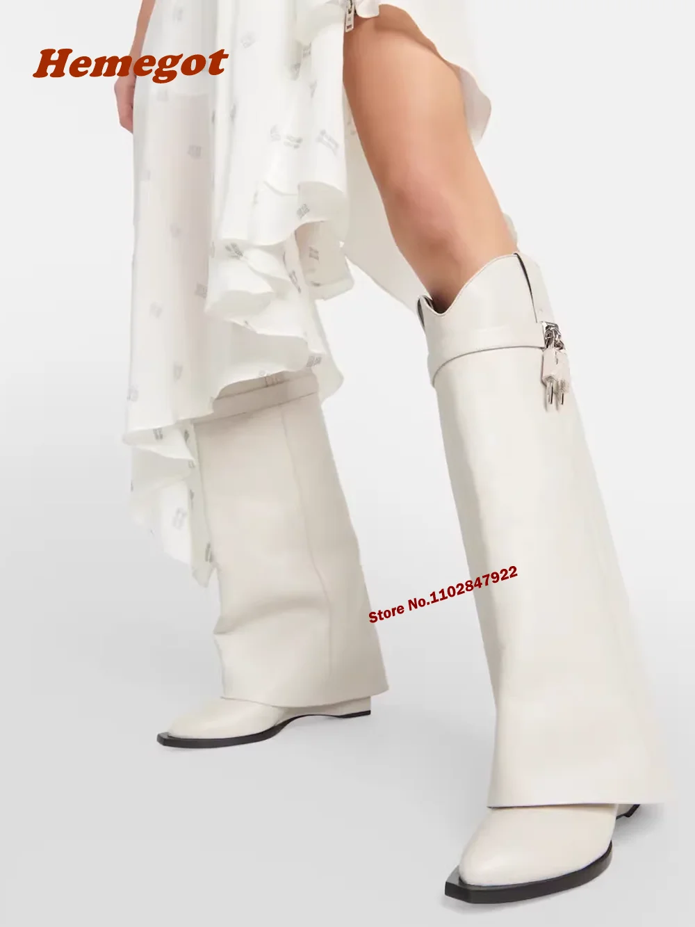 White Padlocks Wedges Knee High Boots Pointy Toe Leather Turn Out Women's Boots 2023 New Arrival Luxury Elegant Shoes Plus Size