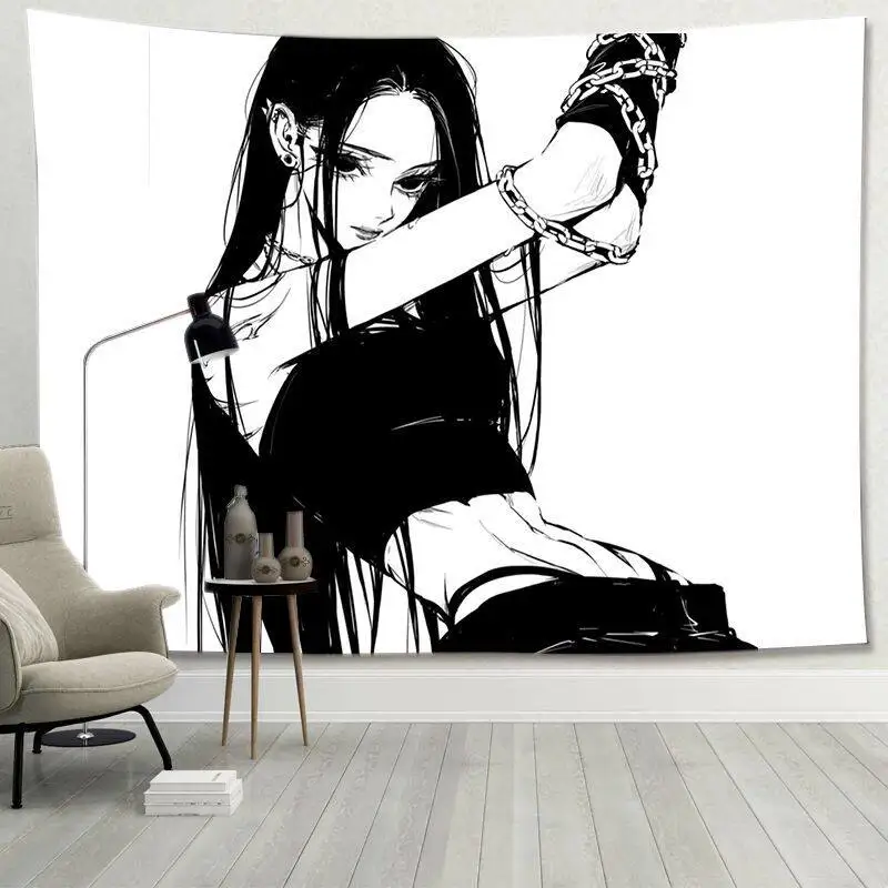 VIKAMA Emo Aesthetic Tapestry Wall Art Gothic Line Art Canvas Sad Girl Smoking Wall Hanging for Indie Bedroom Studio Decor