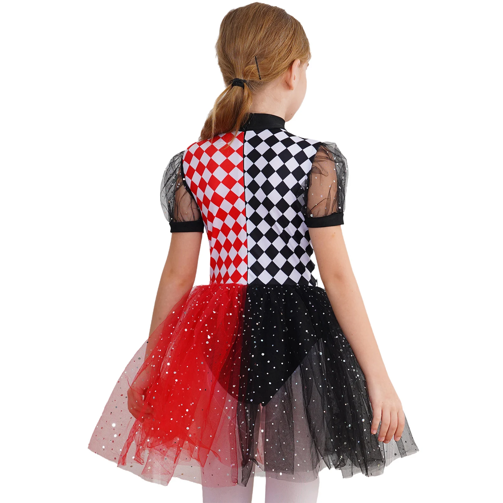 Kids Girls Checkerboard Tutu Dress Ballet Clown Costume Shiny Sequins Tulle Dress Ballroom Carnival Performance Fancy Dress Up