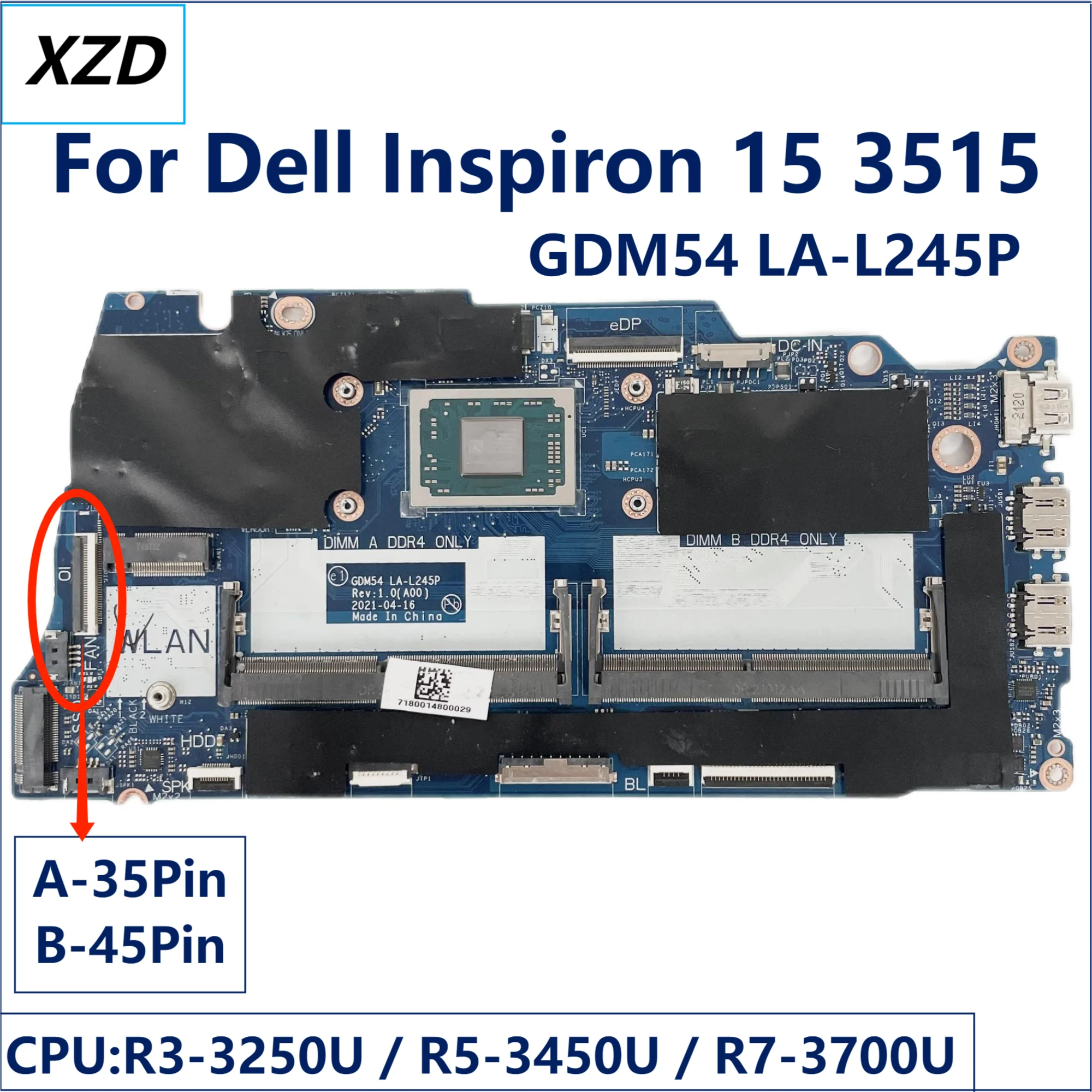 Imagem -01 - Placa-mãe Gdm54 La-l245p para Dell Inspiron 15 3515 Cpu r3 r5 r7 Uma 100 Testado