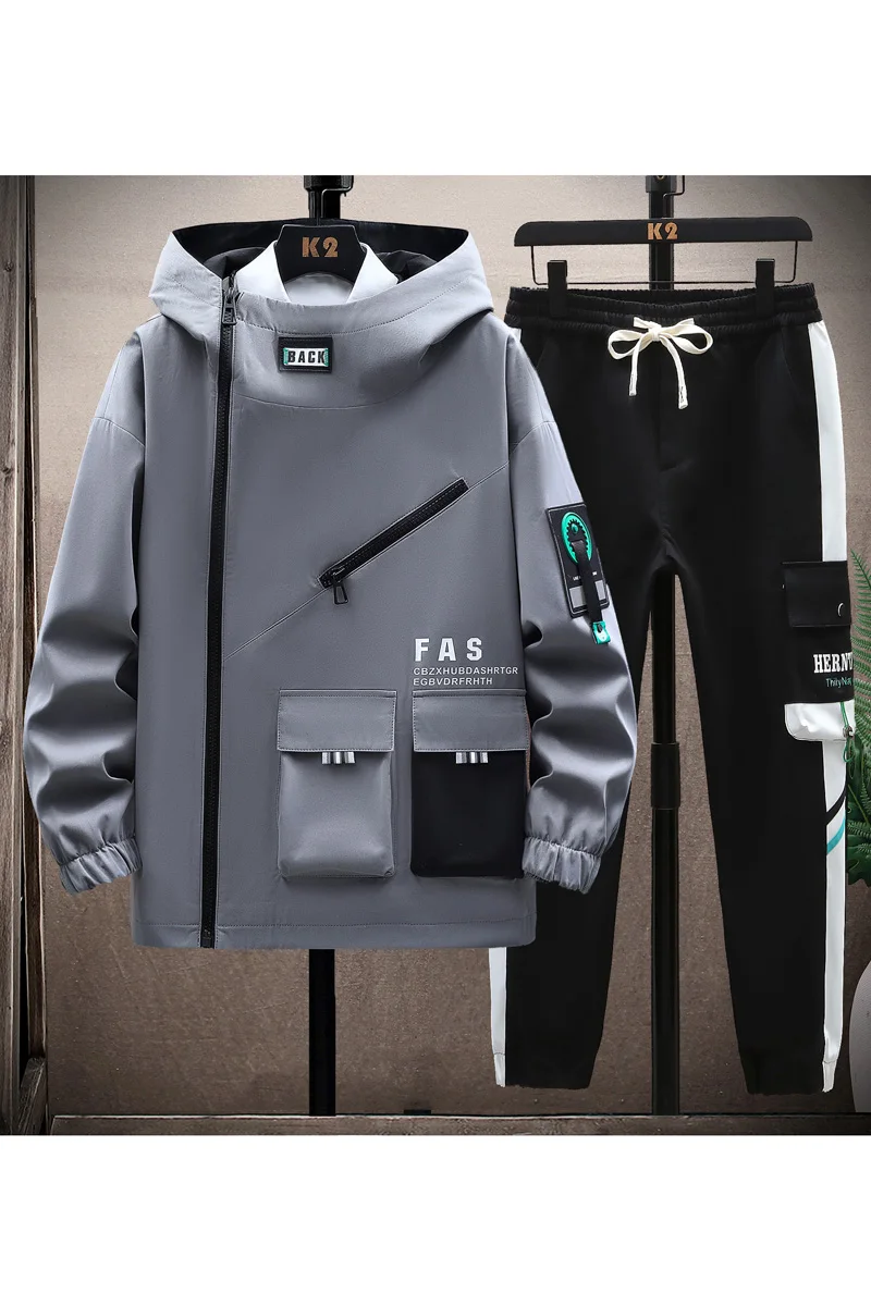 Youth Casual Men Tracksuit  Fashion Mens Outfits Set Hooded pullover pocket jacket+ Sweatpants Two Piece Sets Running Sports Sui