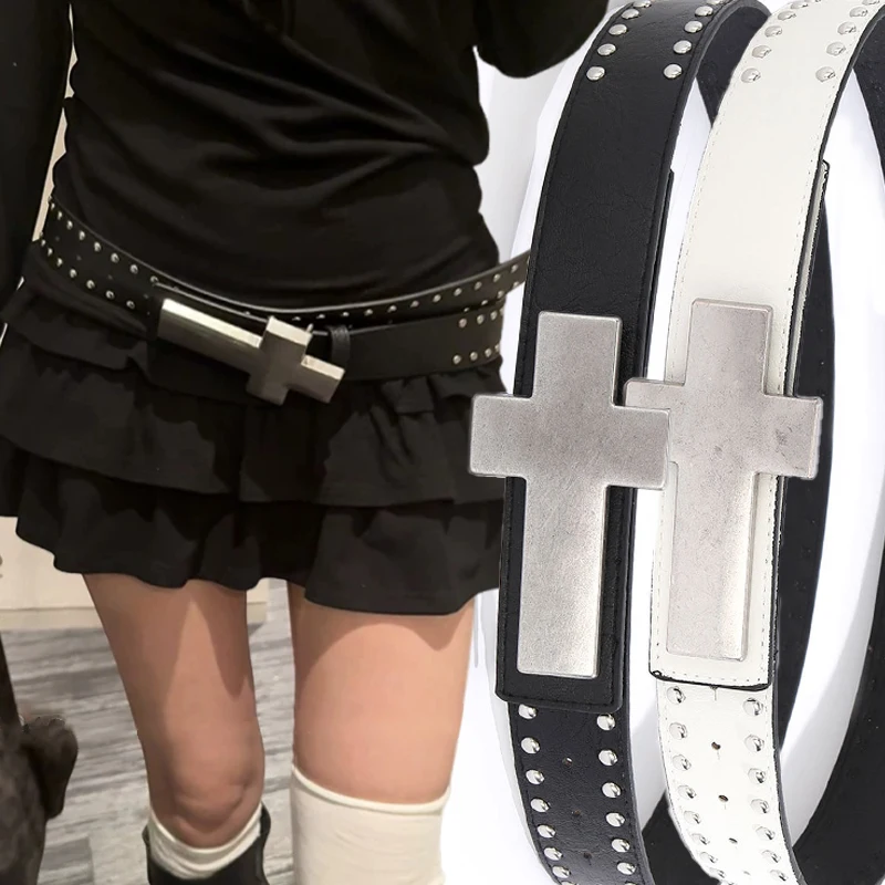 New Vintage Punk Cross Belt Unisex Gothic Rivet Studded Waist Belt Y2K Hip Hop Streetwear Adjustable Waistband for Jeans Shirts